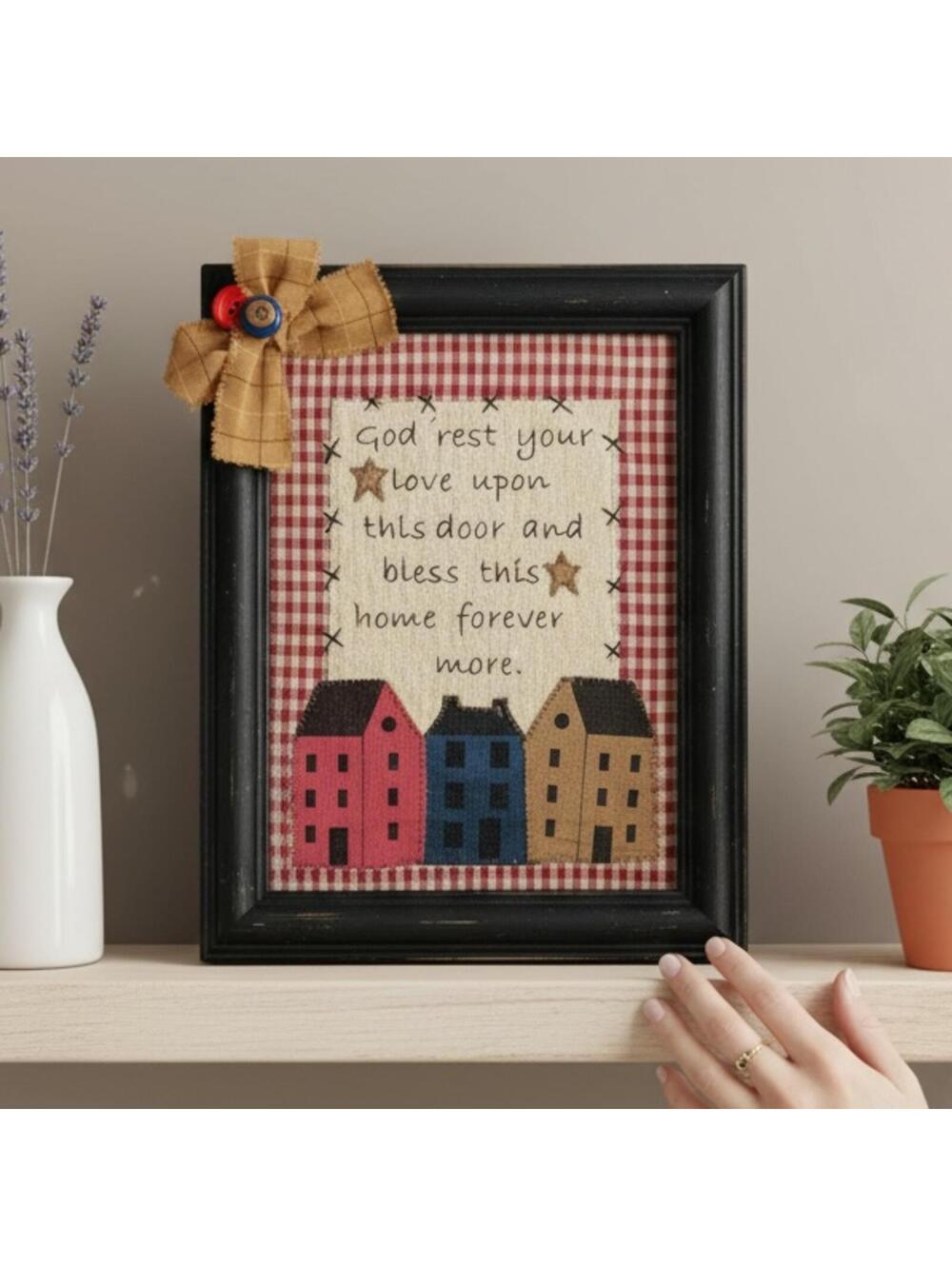 Primitive Bless This Home Embroidered Wooden Frame Photo